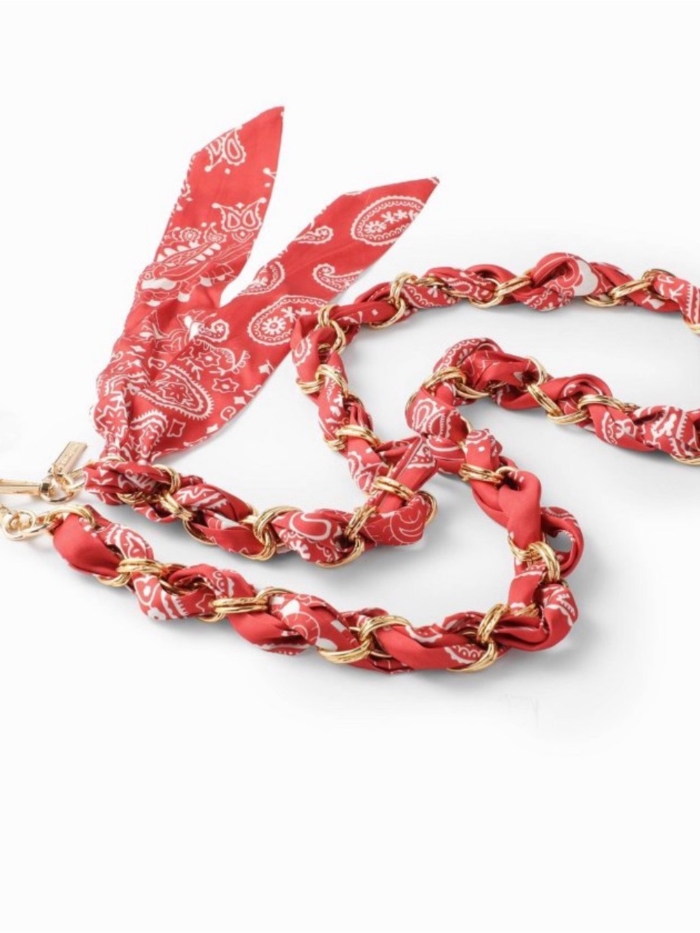 Red Paisley Scarf Chain Necklace with Gold-Tone Links